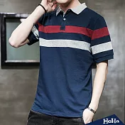 <現貨+預購>雙色粗條紋拼接POLO衫 三色-HeHa-3XL（藏青）