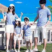 愛心條紋短袖套裝親子裝(女大人)S藍色