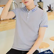 <現貨+預購>簡約條紋拼色短袖POLO衫 四色-HeHa-XL（淺灰色）
