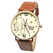 【Disney迪士尼】小熊維尼Winnie 玫瑰金素面皮帶手錶復古棕