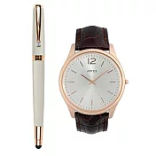 ARTEX 雅致觸控鋼珠筆玫瑰金白+5605真皮手錶-褐/玫瑰金43mm