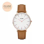CLUSE La Boheme 玫瑰金色系列腕錶 (玫瑰金框白錶面/焦糖色)