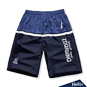 (現貨+預購)拼接配色腰鬆緊休閒沙灘五分短褲 二色-HeHaL(拼接藍)