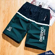 (現貨+預購)拼接配色腰鬆緊休閒沙灘五分短褲 二色-HeHaL(拼接綠)