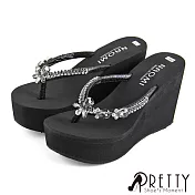 【Pretty】造型精緻鑽飾夾腳楔型拖鞋JP23黑色