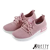 【Pretty】透氣網布綁帶套入式平底休閒鞋EU37粉紅色
