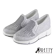 【Pretty】金蔥精緻水鑽套入式厚底休閒鞋EU37銀色