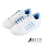 【Pretty】經典款撞色線條綁帶孔洞平底休閒鞋/小白鞋JP23白藍色