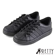 【Pretty】經典款撞色線條綁帶孔洞平底休閒鞋/小白鞋JP23全黑