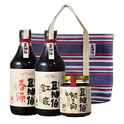 【豆油伯】精選純釀缸源辣豆3入復古提袋(花色隨機)組(缸底醬油500ml+春源黑豆醬油500ml+辣豆瓣醬280g) / 送禮首選