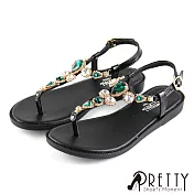 【Pretty】精緻鑽飾金屬皮帶釦平底夾腳涼鞋JP23黑色
