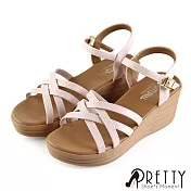 【Pretty】交叉線條金屬皮帶釦楔型涼鞋JP23.5粉紅色