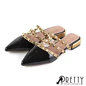 【Pretty】個性風漆皮線條鉚釘尖頭低跟拖鞋JP23.5黑色