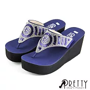 【Pretty】輕量圖騰精緻水鑽楔型夾腳拖鞋JP23藍色