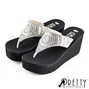【Pretty】輕量圖騰精緻水鑽楔型夾腳拖鞋JP22.5銀色