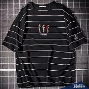 <現貨+預購> 條紋低頭人像落肩繡花潮流短T 二色-HeHaS黑色