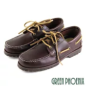 ◤Green Phoenix◥素面撞色縫線綁帶全真皮平底雷根鞋EU39咖啡色