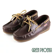 ◤Green Phoenix◥素面撞色縫線綁帶全真皮平底帆船鞋EU35咖啡色