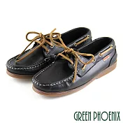 ◤Green Phoenix◥素面撞色縫線綁帶全真皮平底帆船鞋EU35黑色