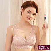 【Olivia】無鋼圈歐式古典蕾絲深V包覆內衣34/75A粉色
