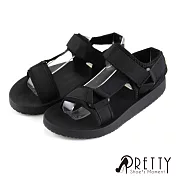 【Pretty】線條布料沾黏式平底涼鞋EU36黑色