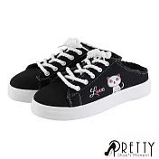 【Pretty】可愛圖案縫線綁帶厚底穆勒拖鞋/小白鞋/後空鞋EU36黑色1