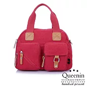 DF Queenin日韓 - 日系風尚撞色配飾多口袋帆布包-共2色 紅色