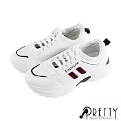 【Pretty】雙彩異材質拚接英文字母綁帶厚底休閒老爹鞋EU36黑色1