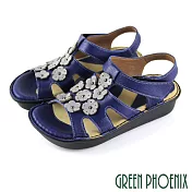 ◤Green Phoenix◥撞色花朵沾黏式全真皮厚底涼鞋US6藍色(37)