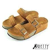 【Pretty】仿麂皮雙排釦飾休閒厚底拖鞋EU37棕色