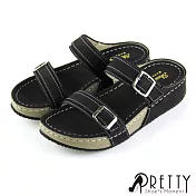 【Pretty】仿麂皮雙排釦飾休閒厚底拖鞋EU36黑色