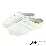 【Pretty】百搭異材質雙彩線條綁帶平底休閒鞋/小白鞋/後空鞋JP22.5白色