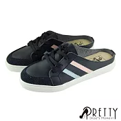 【Pretty】百搭異材質雙彩線條綁帶平底休閒鞋/小白鞋/後空鞋JP22.5黑色