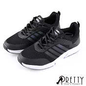 【Pretty】異材質拼接飛織布柔光線條綁帶休閒運動鞋JP23黑色