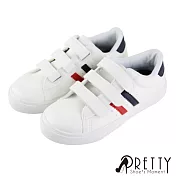 【Pretty】經典款撞色線條沾黏式平底休閒鞋/小白鞋JP23.5白藍色