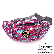 DF Queenin流行 - 戶外休閒運動防潑水迷彩尼龍斜跨胸包腰包-共4色迷彩桃紅