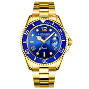LONGBO龍波 80430時尚經典水鬼系列夜光指針鋼帶手錶- 金藍