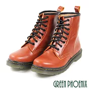 【GREEN PHOENIX】女 短靴 馬丁靴 國際精品 皮革 手縫 綁帶 義大利小牛皮 平底 EU38 咖啡色