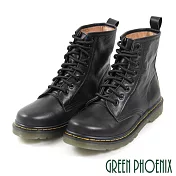 【GREEN PHOENIX】女 短靴 馬丁靴 國際精品 皮革 手縫 綁帶 義大利小牛皮 平底 EU36 黑色