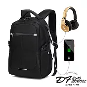 DF BAGSCHOOL - 熟男款實用至上耳機USB功能防潑水後背包-共2色黑色