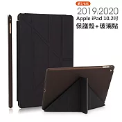[玻璃貼+保護套組] Apple iPad (2019/2020/2021) 10.2吋平板 變形金剛平板保護套 保護殼 iPad 7/8/9代 黑色