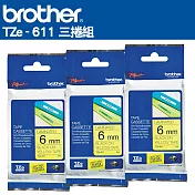 Brother TZe-611 護貝標籤帶(6mm黃底黑字)-3入組