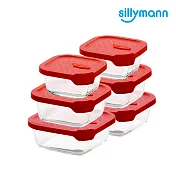【韓國sillymann】正方型家庭六件組-100%鉑金矽膠微波烤箱輕量玻璃保鮮盒組紅六件組
