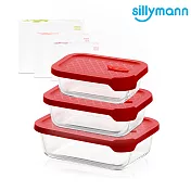 【韓國sillymann】 長方型三件組-100%鉑金矽膠微波烤箱輕量玻璃保鮮盒組紅三件組