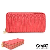 【OMC】立體抓皺雙拉練牛皮長夾手拿包(橘粉)