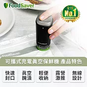 美國FoodSaver-可攜式充電真空保鮮機(黑) 送真空夾鏈袋12入