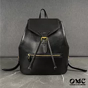 【OMC】義大利植鞣革抽繩拉鍊後背包- 黑色