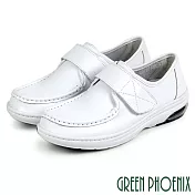 【GREEN PHOENIX】女 護士鞋 休閒鞋 全真皮 魔鬼氈 沾黏式 平底 氣墊 臺灣製 EU37 白色