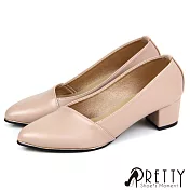 【Pretty】女 中跟鞋 粗跟 尖頭 素面 金邊 OL通勤 上班 台灣製 JP22.5 杏色