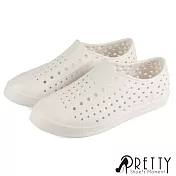 【Pretty】男女 洞洞鞋 雨鞋 休閒鞋 一體成形 透氣 孔洞 防水 平底 台灣製 EU36 白色